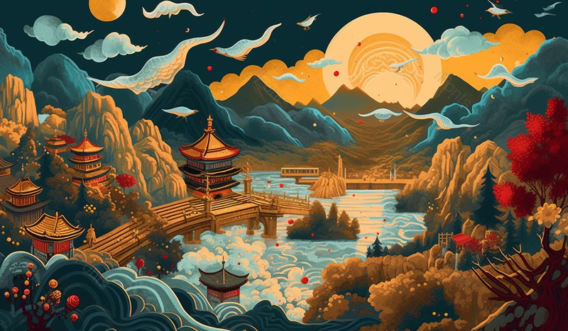 国潮古代建筑山水小桥风景插画,插画/手绘图,插画/手绘图库,插画/手绘图下载,插画/手绘